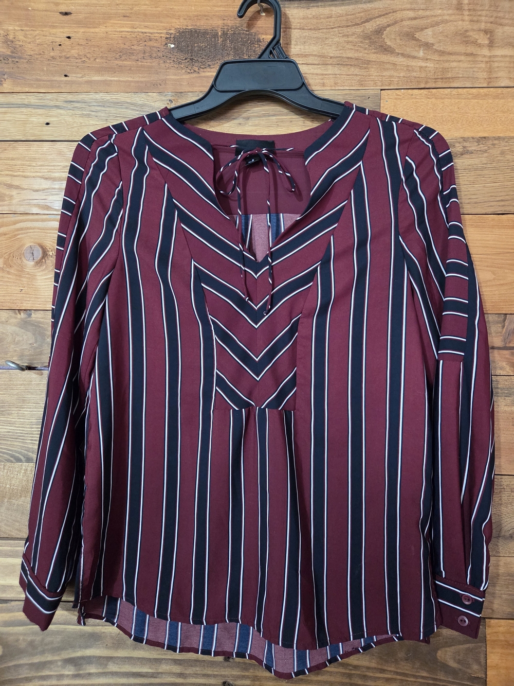 Lumière S Burgundy Striped Chevron V-Neck Tie Neck Long Sleeve Blouse Career